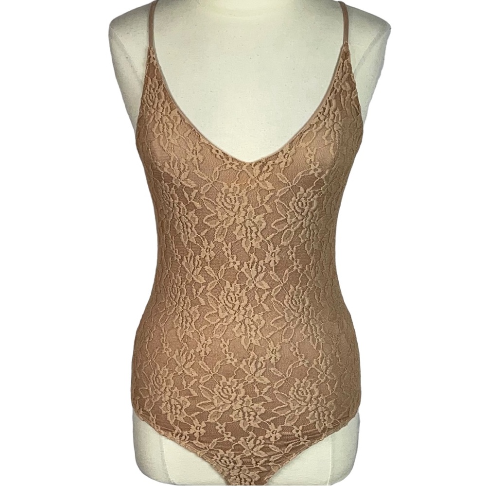 ANGL Women's Neutral Tan Lace Stretch Bodysuit Size M Adjustable Straps